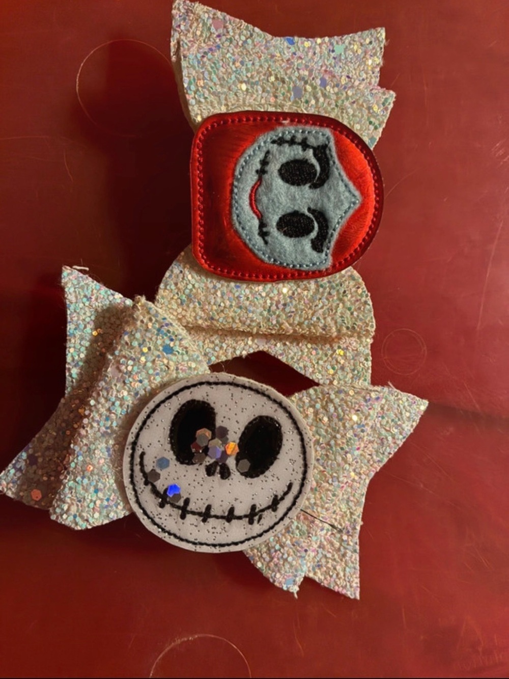 Glitter Bow Hair Clips with Character Patches - White/Silver